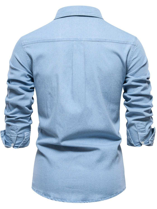 Men's Collared Neck Long Sleeve Denim Shirt - Trendsi - Flyclothing LLC