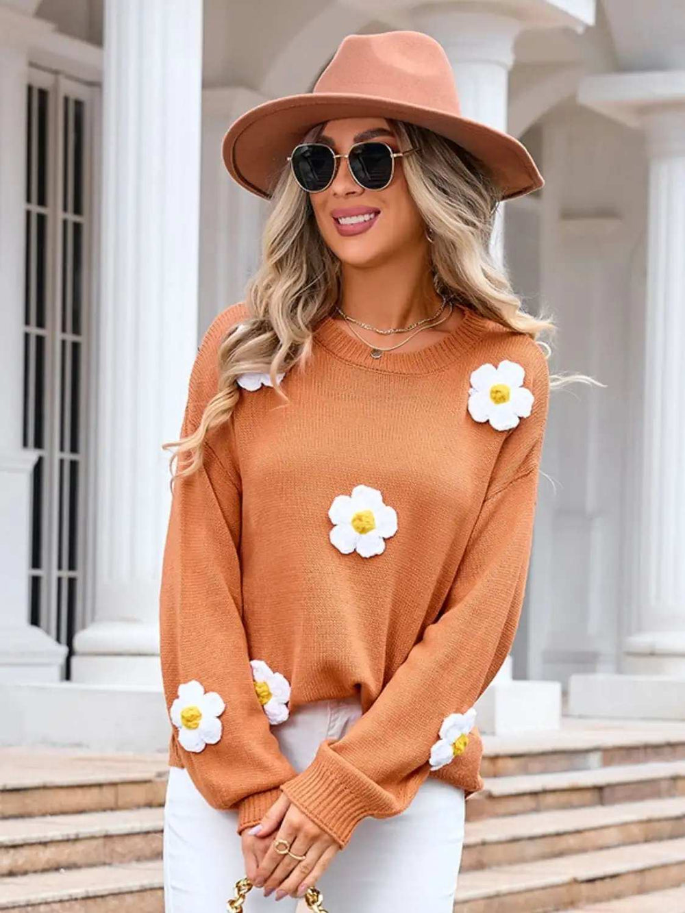 Angel Wings Flower Round Neck Long Sleeve Sweater - Trendsi - Flyclothing LLC