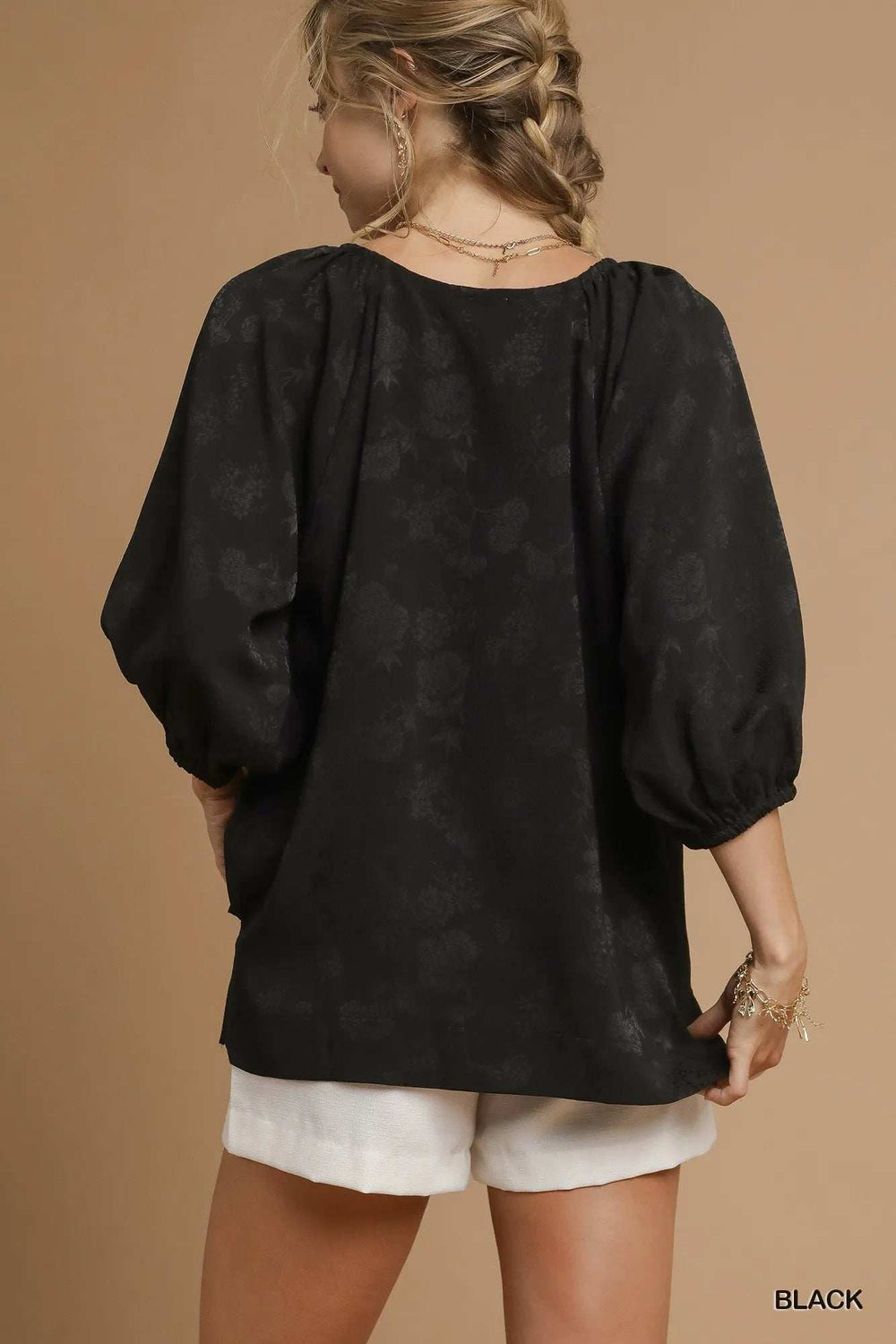 Umgee Satin Jacquard Balloon Sleeve Blouse - Trendsi - Flyclothing LLC