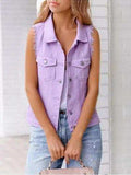 Full Size Button Down Raw Hem Sleeveless Denim Jacket Plus Size - Trendsi - Flyclothing LLC