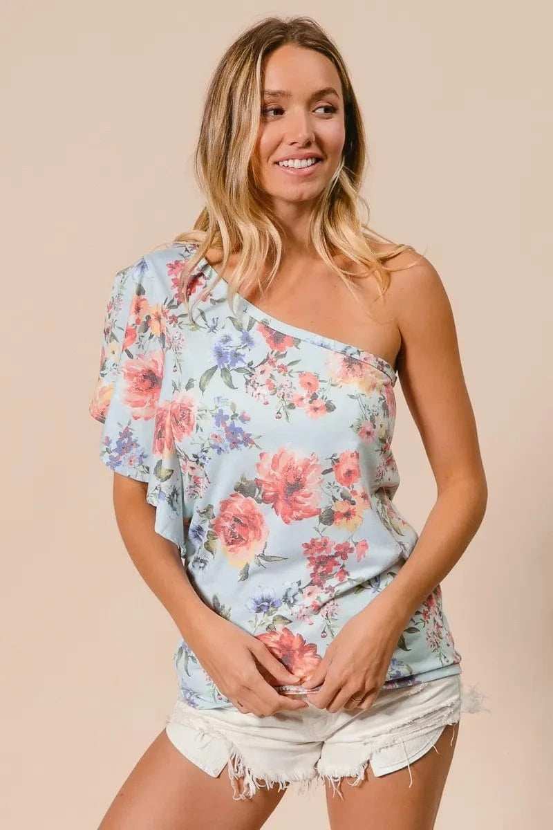 BiBi Floral Printed Jersey Knit Ruffle Sleeve Top - Trendsi - Flyclothing LLC