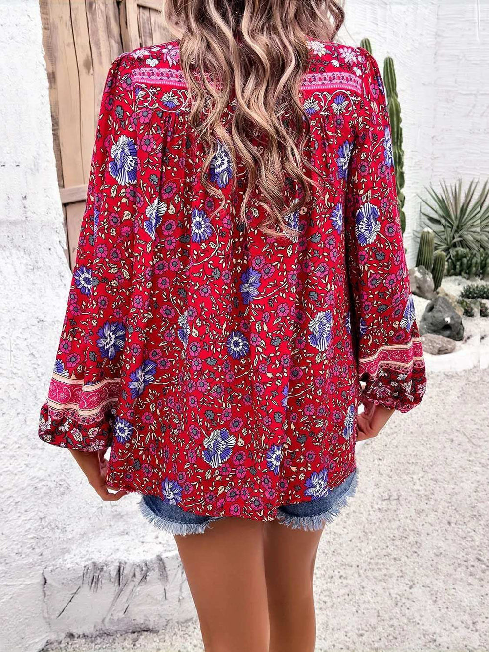 Printed Tie Neck Long Sleeve Blouse - Trendsi - Flyclothing LLC