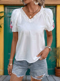 Frill Embroidered V-Neck Short Sleeve Blouse - Trendsi - Flyclothing LLC
