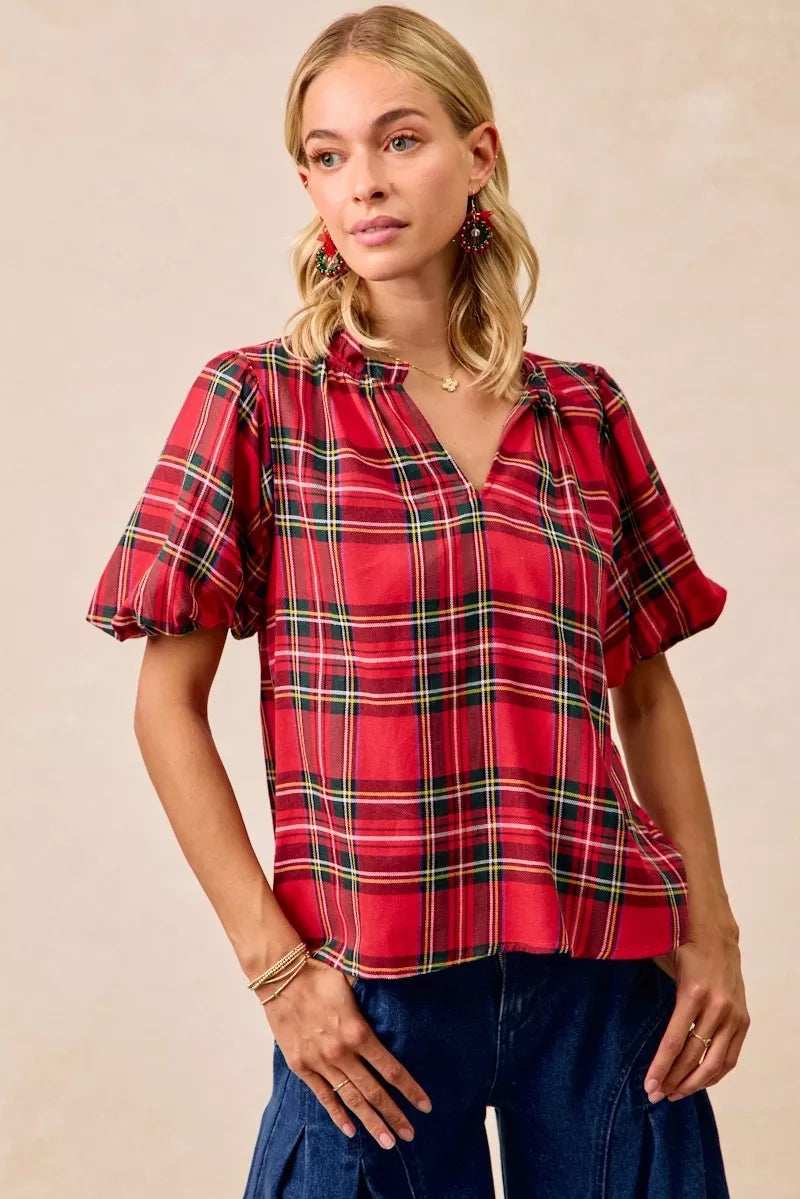 BiBi Christmas Plaid Short Sleeves Ruffled Blouse - Trendsi - Flyclothing LLC
