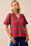 BiBi Christmas Plaid Short Sleeves Ruffled Blouse - Trendsi - Flyclothing LLC