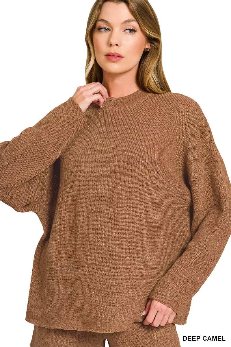Zenana Round Neck Knit Top and Shorts Sweater Set - Trendsi - Flyclothing LLC