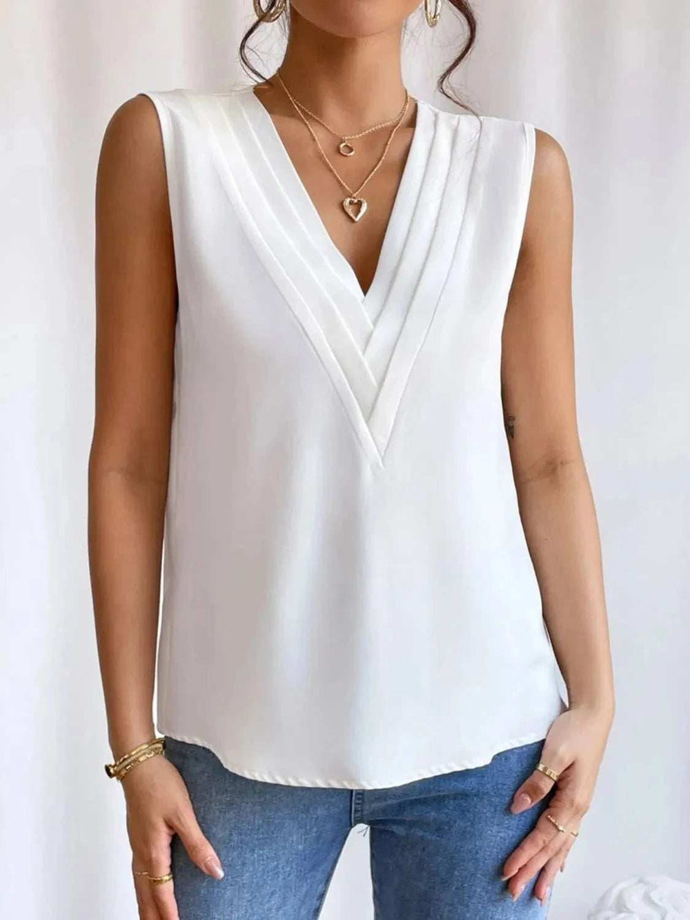 V-Neck Pleated Sleeveless Cami Tank Top - Trendsi - Flyclothing LLC