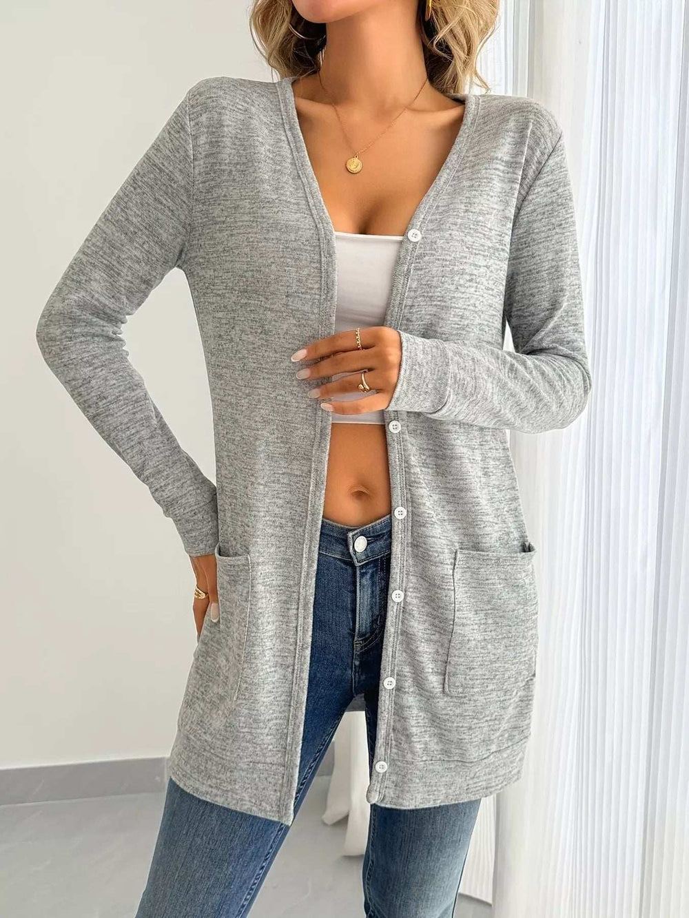 Open Front Longline Cardigan with Side Pockets - Trendsi - Flyclothing LLC