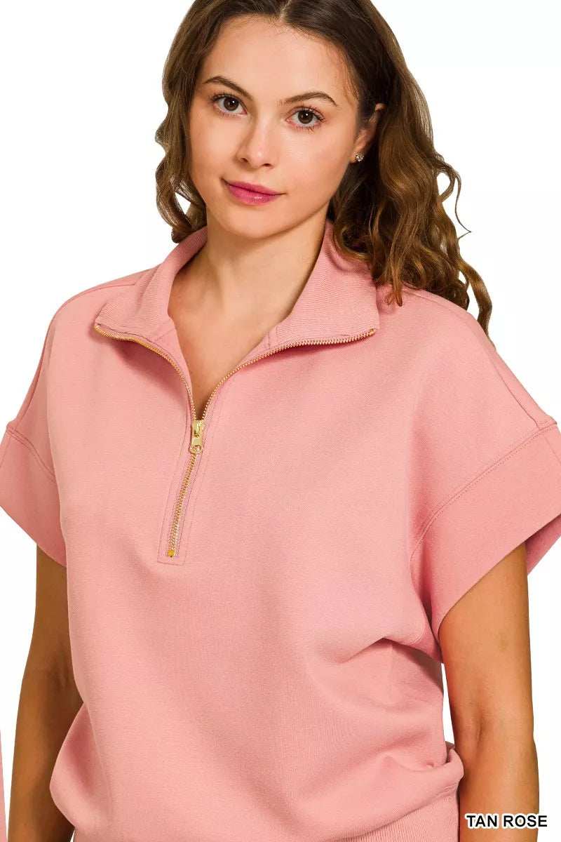 Zenana Full Size Scuba High Neck Half Zip Short Sleeve Top Plus Size - Trendsi - Flyclothing LLC