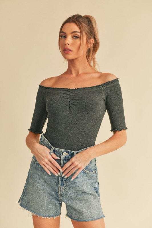 Aemi + Co Ruched Frill Off-Shoulder Half Sleeve Knit Top - Trendsi - Flyclothing LLC