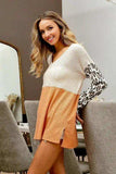 BiBi Color Block Leopard V Neck Knit Top - Trendsi - Flyclothing LLC