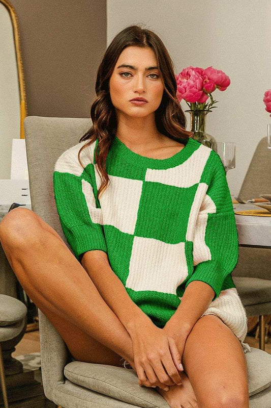 BiBi Checkered Contrast Round Neck Sweater - Trendsi - Flyclothing LLC