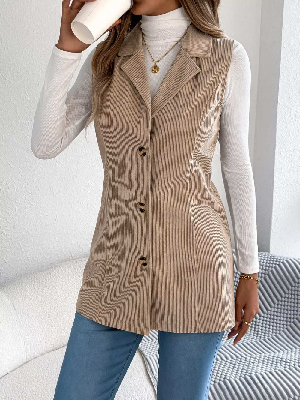 Button-Front Longline Vest Coat - Trendsi - Flyclothing LLC