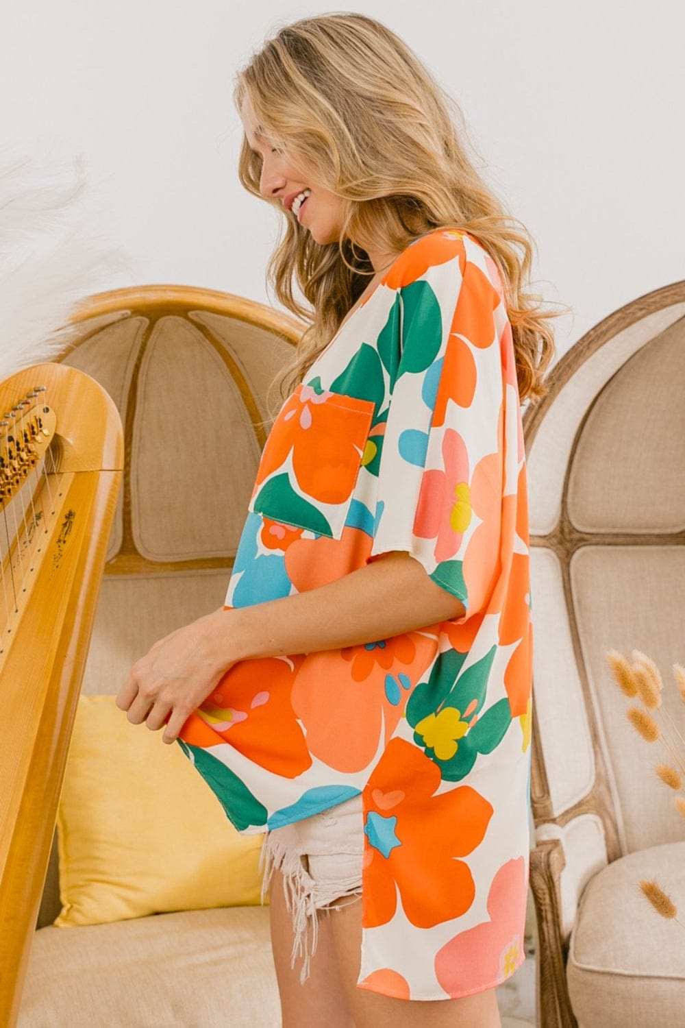 BiBi Floral V Neck Slit Side T-Shirt - Trendsi - Flyclothing LLC