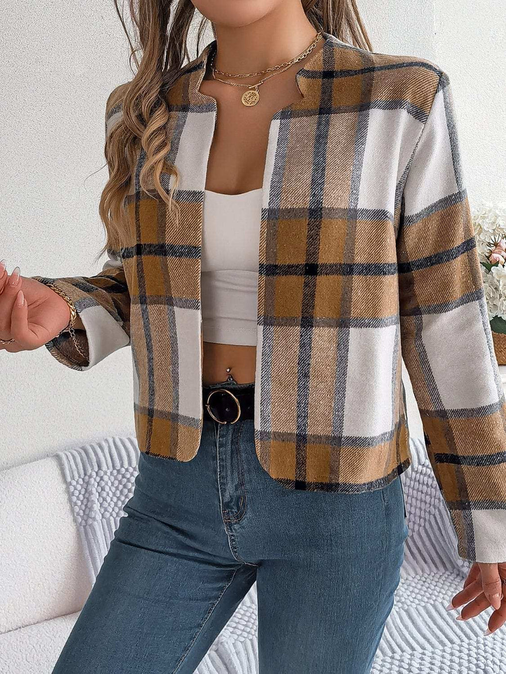 Plaid Open Front Long Sleeve Jacket - Trendsi - Flyclothing LLC