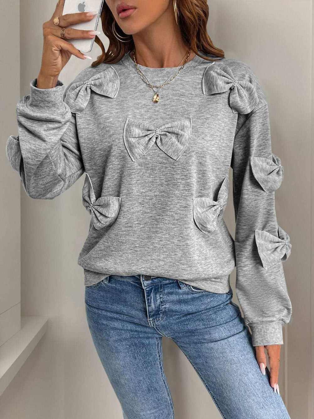 Perfee Bow Round Neck Long Sleeve Sweatshirt - Trendsi - Flyclothing LLC