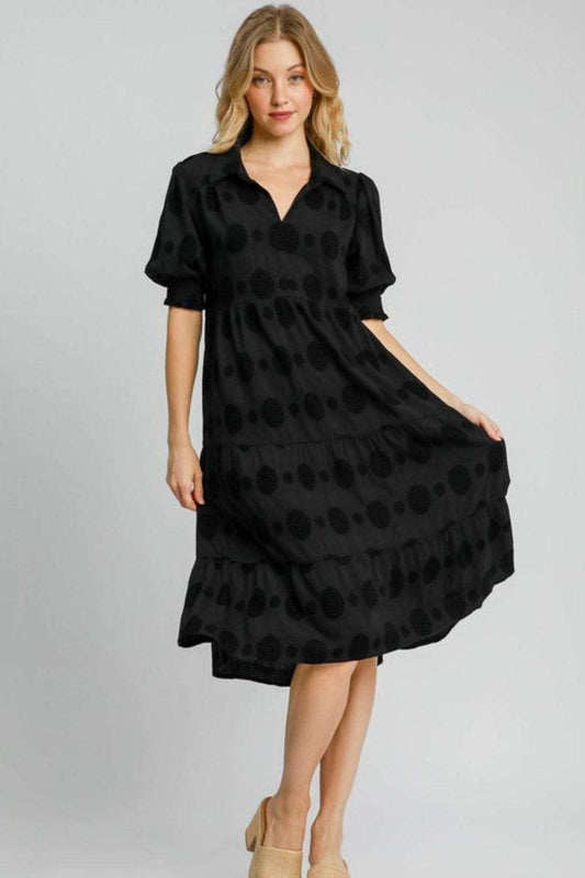Umgee Full Size Swiss Dot Jacquard Tiered Midi Dress Plus Size - Trendsi - Flyclothing LLC