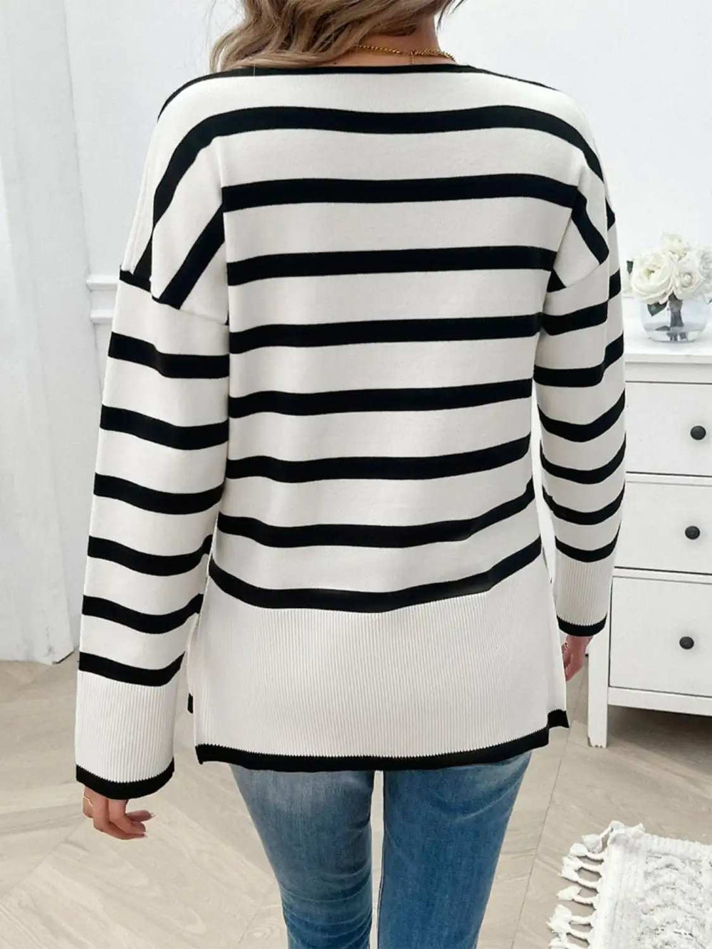 Striped V-Neck Long Sleeve Knit Top - Trendsi - Flyclothing LLC