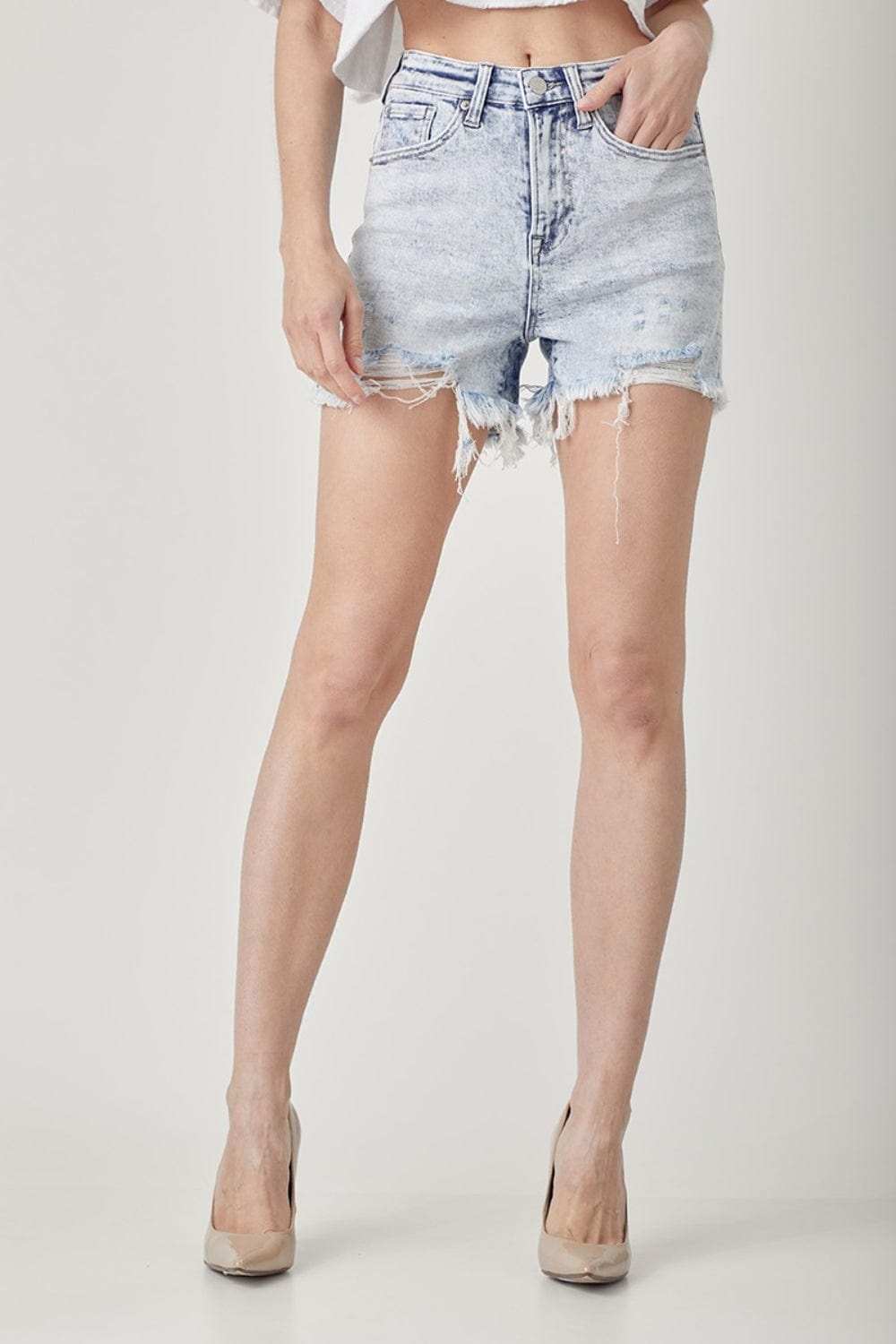 RISEN Raw Hem Distressed High Rise Denim Shorts - Trendsi - Flyclothing LLC