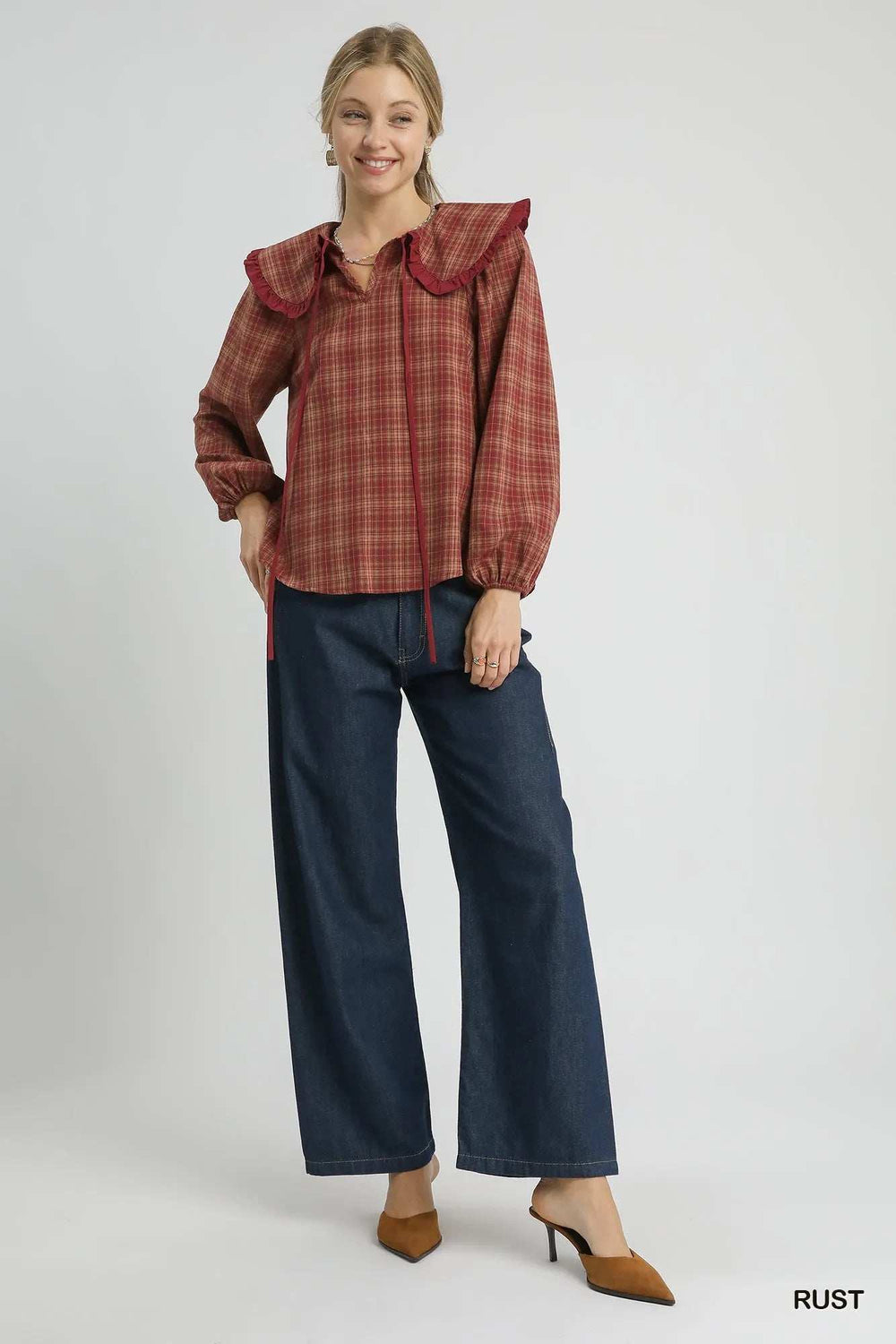 Umgee Full Size Plaid Ruffle Collar Blouse Plus Size - Trendsi - Flyclothing LLC
