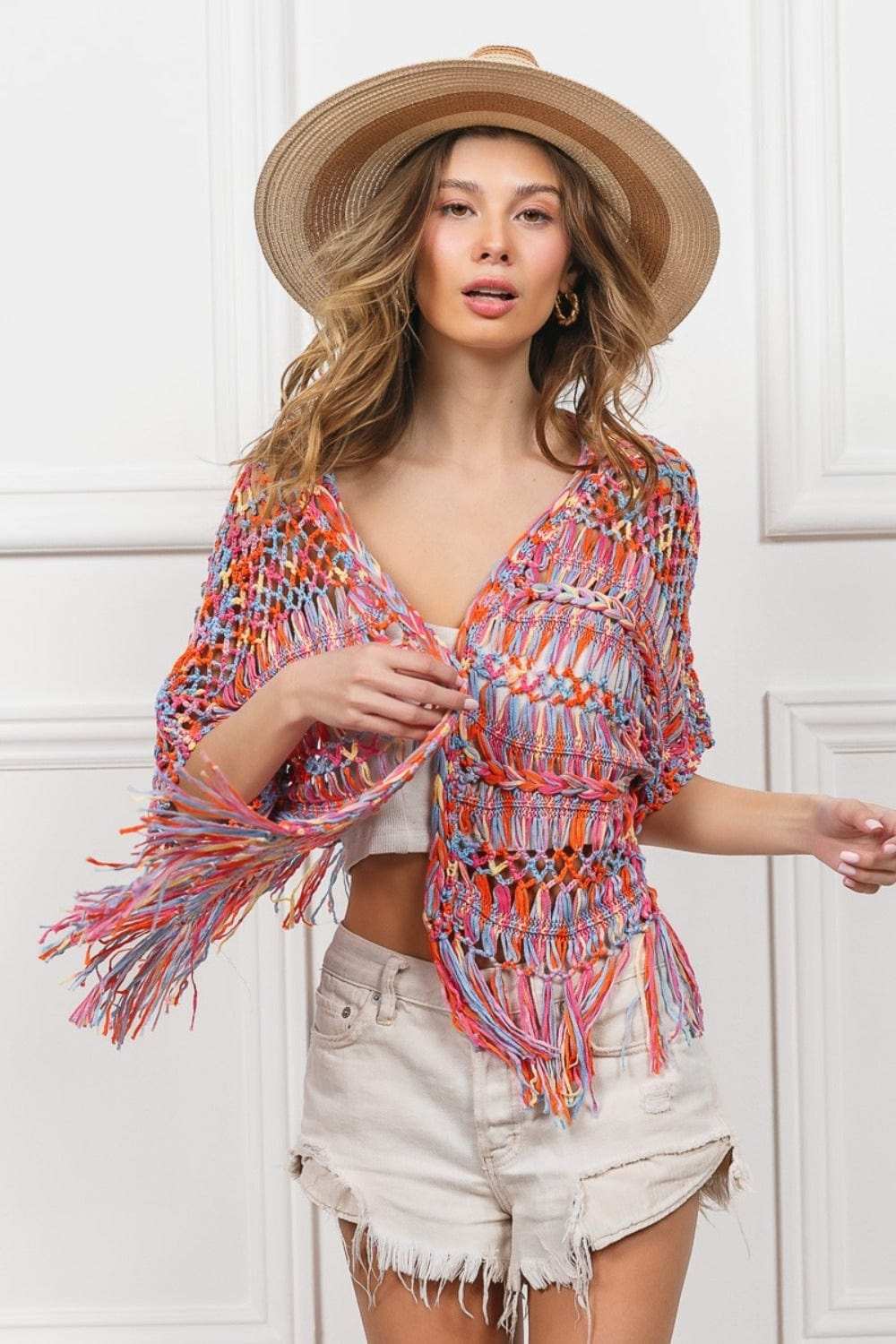 BiBi Open Front Fringed Crop Knit Cardigan - Trendsi - Flyclothing LLC