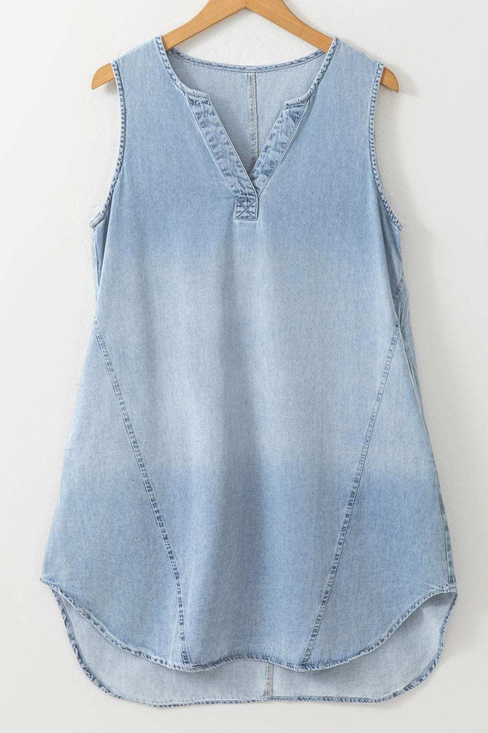 Wash Notched Sleeveless Mini Denim Dress - Trendsi - Flyclothing LLC