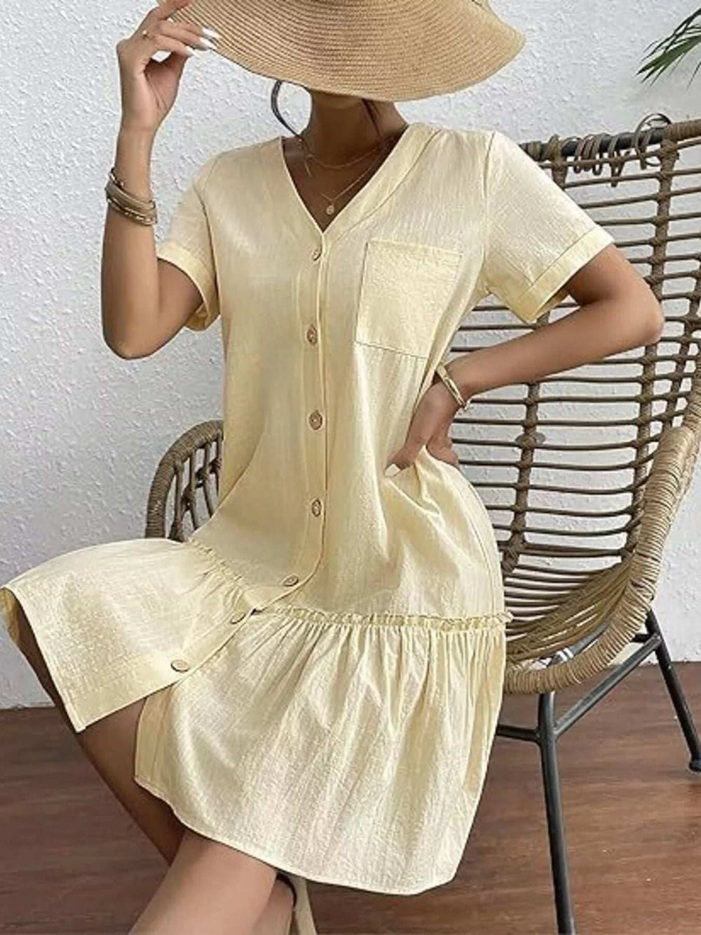 Full Size Button-Front Short Sleeve Tiered Dress Plus Size - Trendsi - Flyclothing LLC