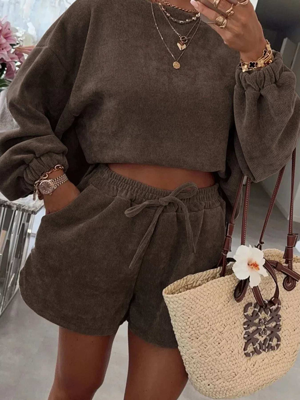 Casual Corduroy Long Sleeve Top and Drawstring Shorts Set - Trendsi - Flyclothing LLC