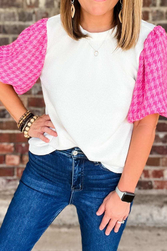 Round Neck Contrast Tweed Puff Sleeve Top - Trendsi - Flyclothing LLC