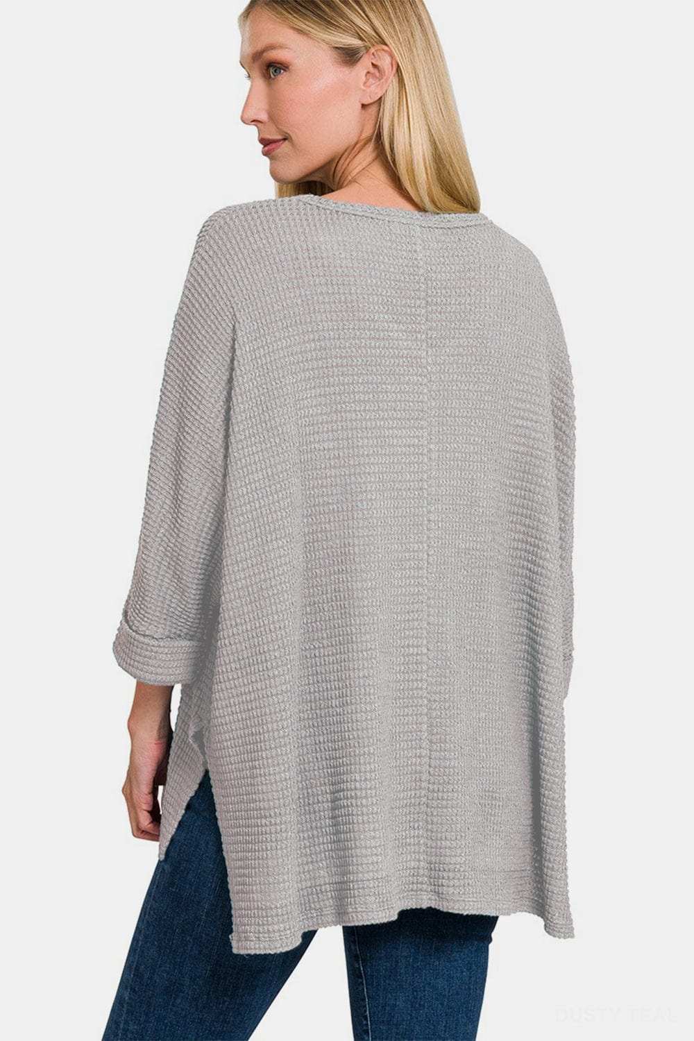 Zenana Waffle Knit V-Neck Long Sleeve Slit Top - Trendsi - Flyclothing LLC