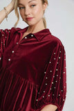Umgee Pearl Detail Collared Neck Velvet Babydoll Blouse - Trendsi - Flyclothing LLC