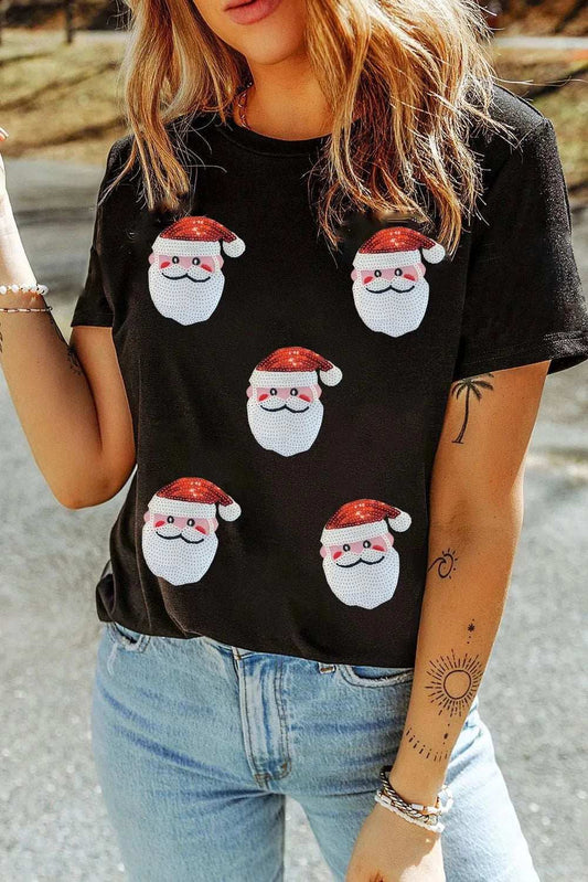 Sequin Santa Round Neck Short Sleeve T-Shirt - Trendsi - Flyclothing LLC