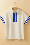 Striped Trim Textured Quarter Zipper Short Sleeve Top - Trendsi - Flyclothing LLC