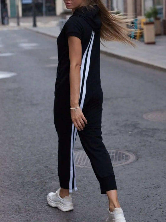 Striped Short Sleeve Hooded Jumpsuit - Trendsi - Flyclothing LLC