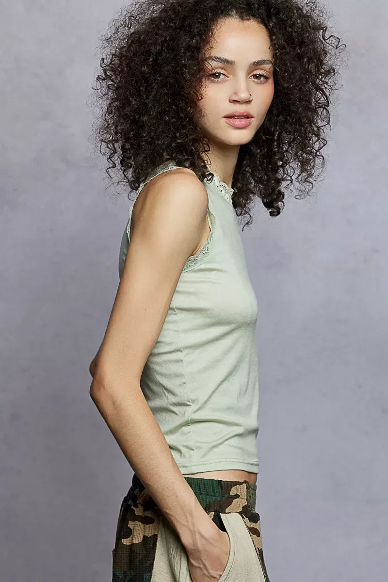 POL Round Neck Cropped Tank with Lace Trim - Trendsi - Flyclothing LLC