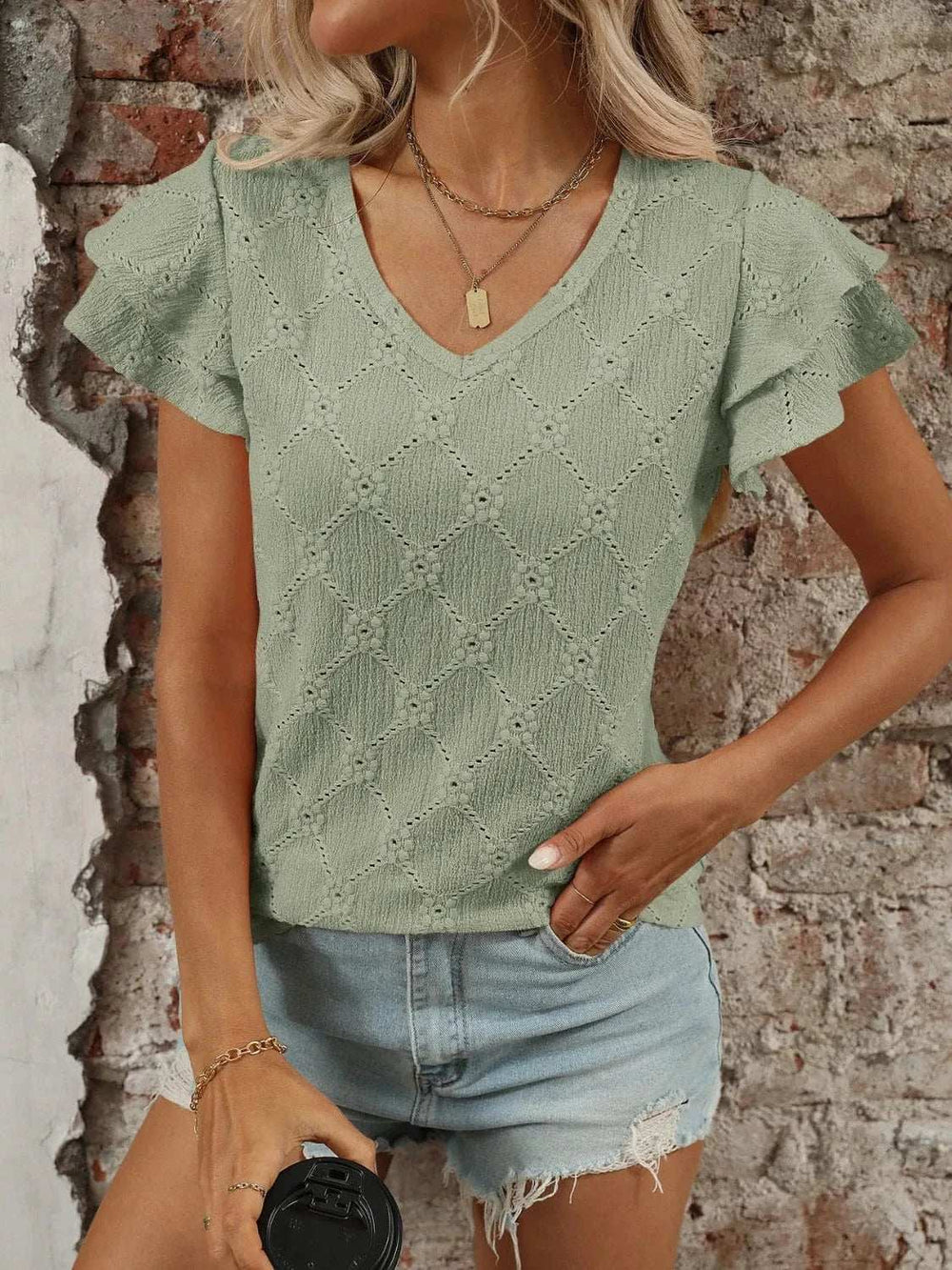 Eyelet V-Neck Ruffled Cap Sleeve Top - Trendsi - Flyclothing LLC