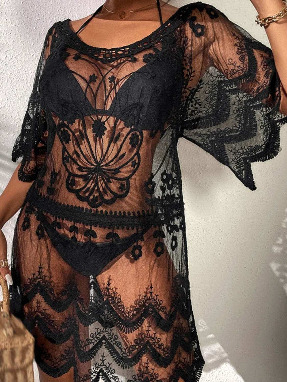 Lace Round Neck Half Sleeve Cover-Up - Trendsi - Flyclothing LLC