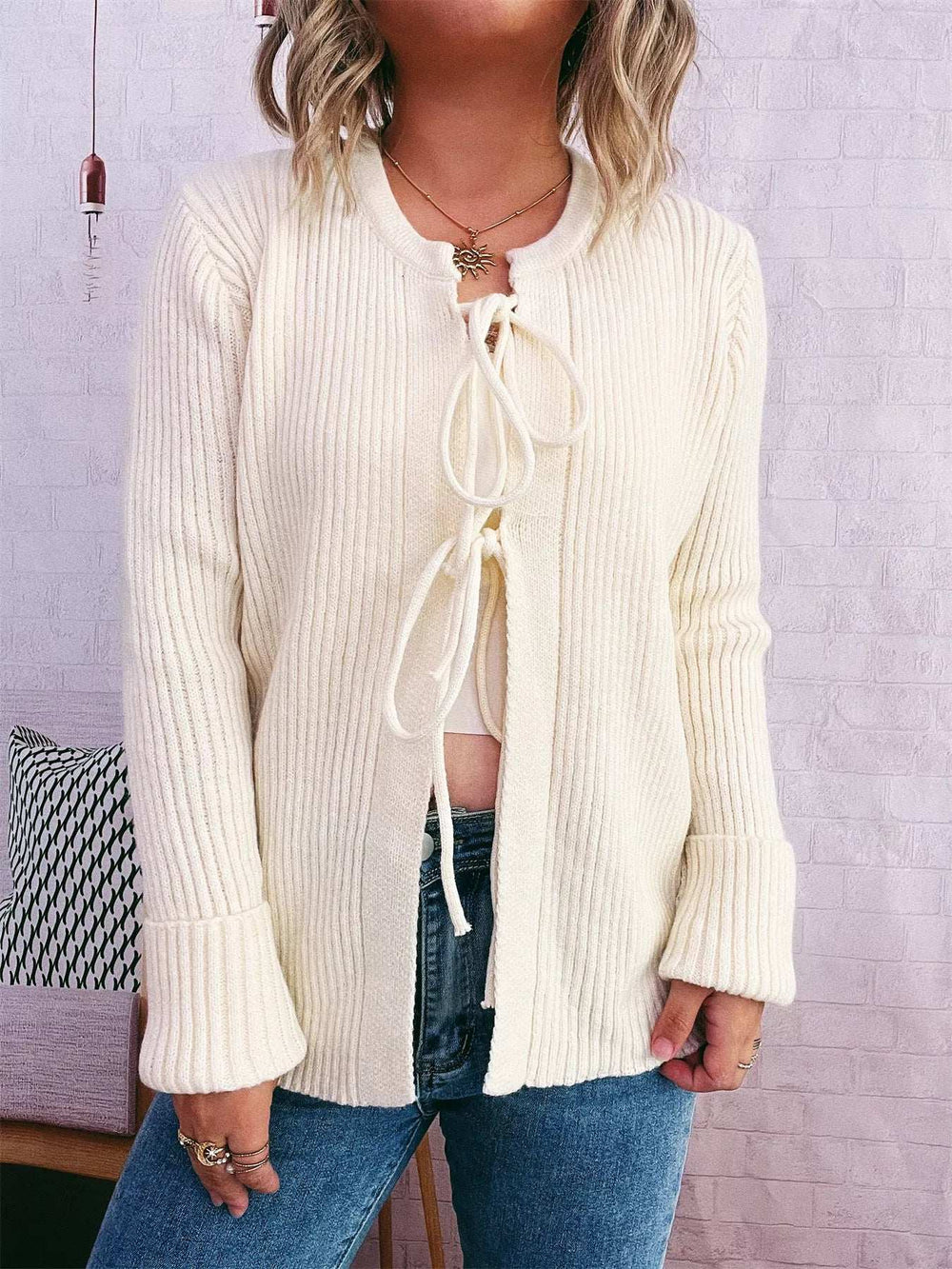 Ribbed Tie Front Long Sleeve Cardigan - Trendsi - Flyclothing LLC