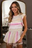 BiBi Multi Stripe Ruffled Neck Tiered Back Open Button Top - Trendsi - Flyclothing LLC