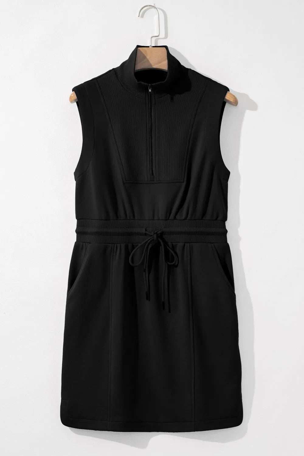 French Terry Zipped Collar Sleeveless Drawstring Waist Mini Dress - Trendsi - Flyclothing LLC