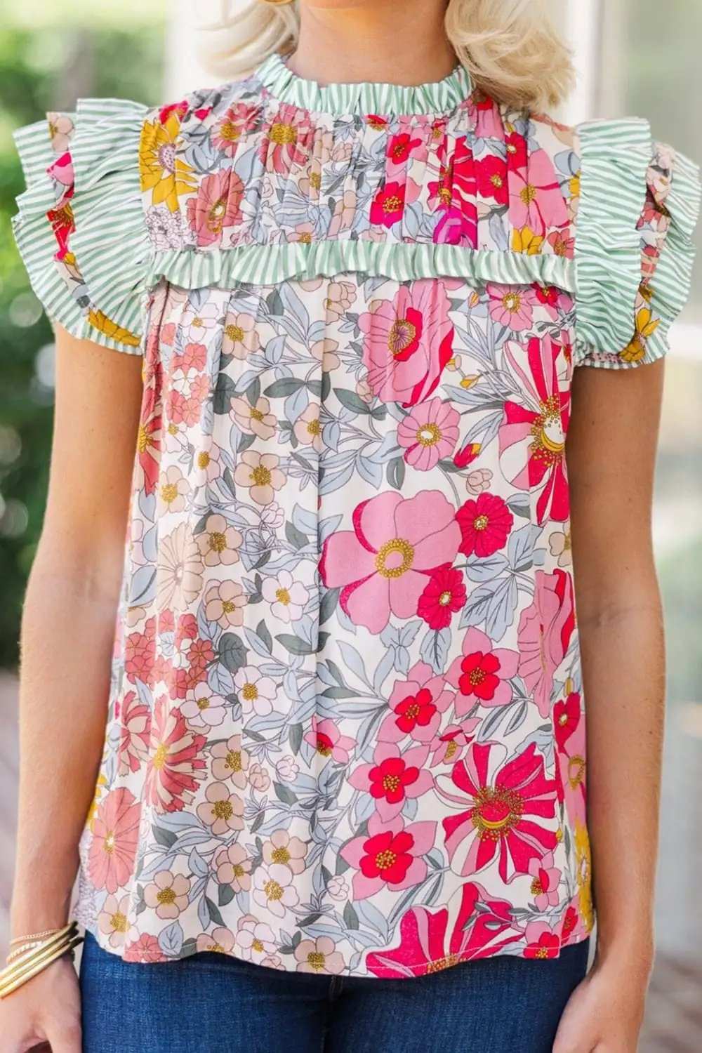 Frill Floral Print Ruffle Cap Sleeve Blouse - Trendsi - Flyclothing LLC