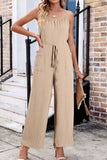 Spaghetti Strap Waist Tie Wide Leg Jumpsuit with Pockets - Trendsi - Flyclothing LLC