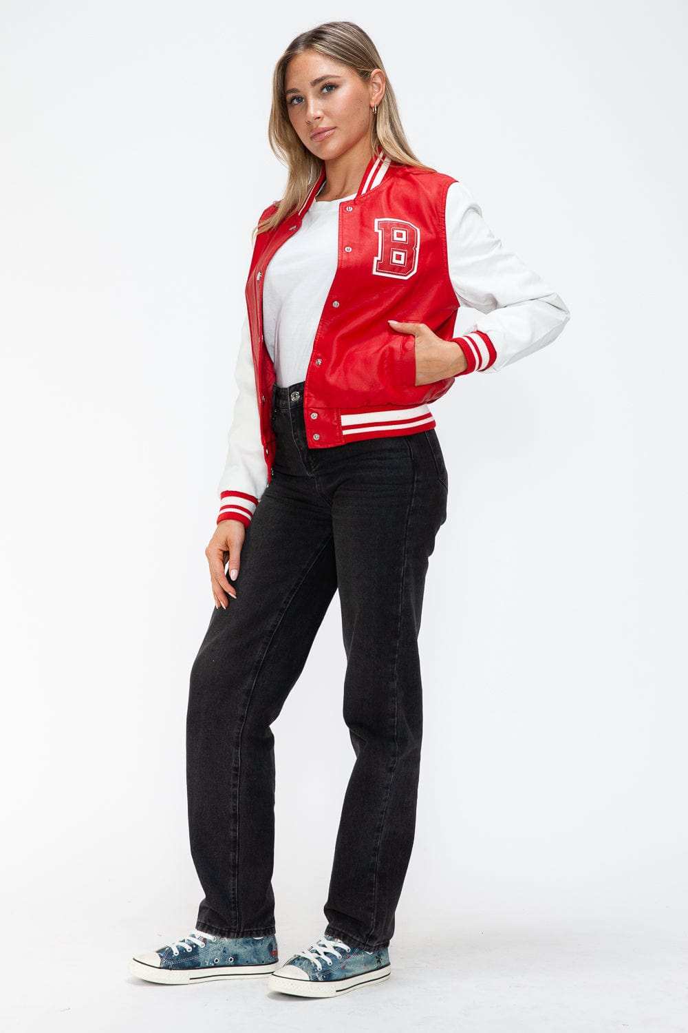 Love Me Now PU Leather Contrast Snap Down Bomber Jacket - Trendsi - Flyclothing LLC