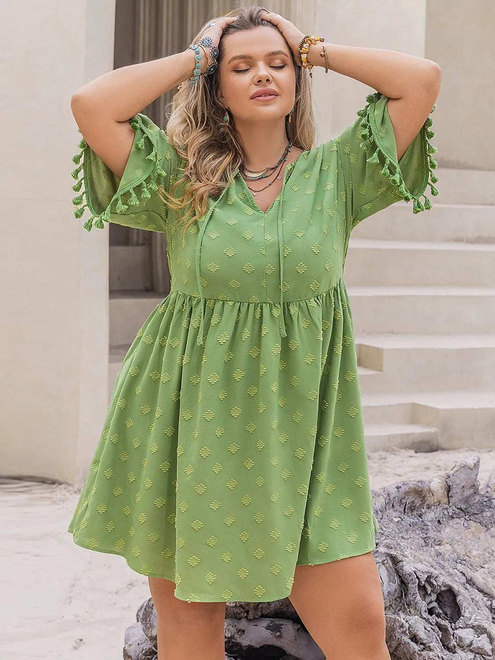Plus Size Tied Tassel Half Sleeve Mini Dress - Trendsi - Flyclothing LLC