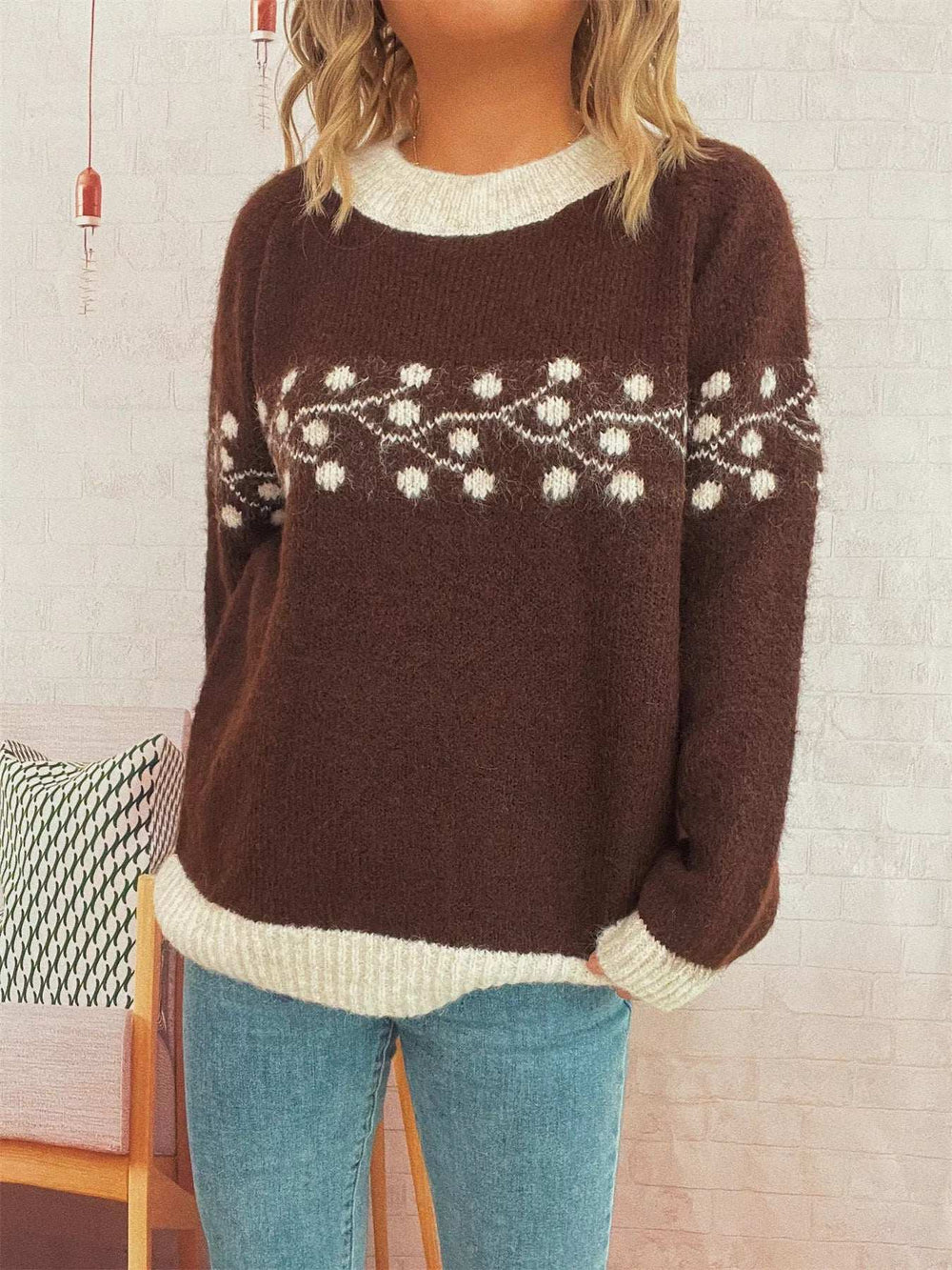 Contrast Hem Round Neck Sweater - Trendsi - Flyclothing LLC