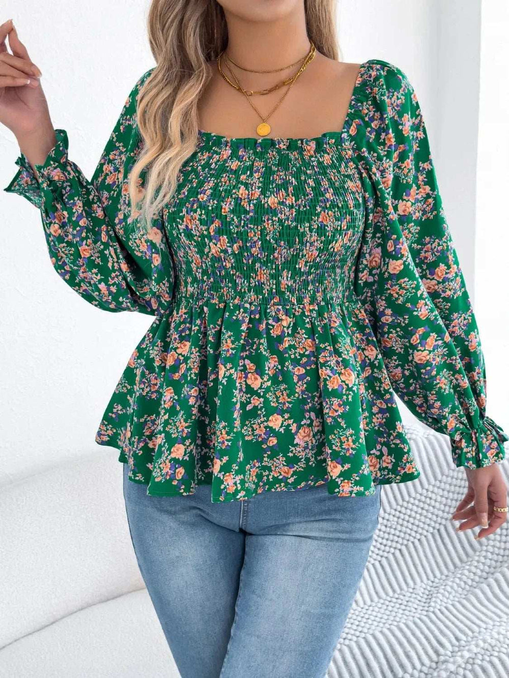 Floral Square Neck Flounce Sleeve Blouse - Trendsi - Flyclothing LLC