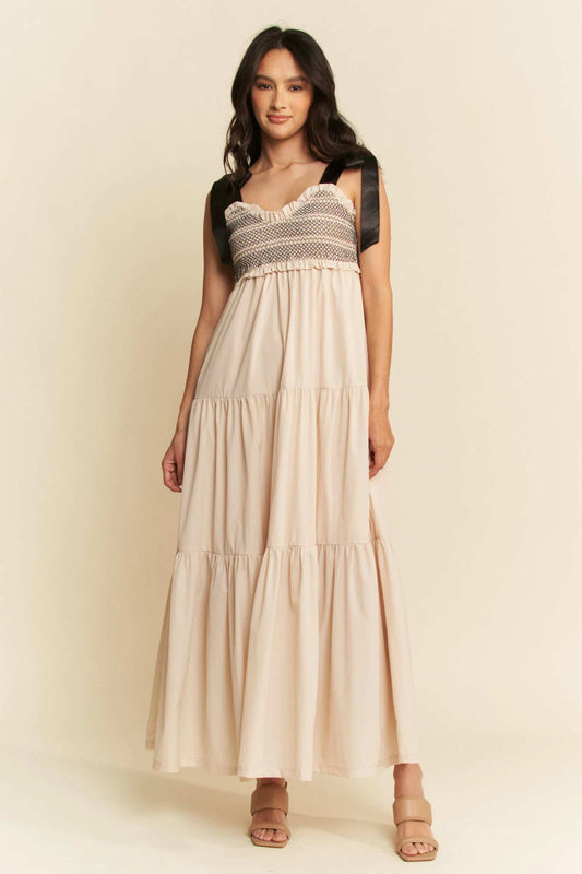 Davi & Dani Multi Contrast Smocked Bodice Straps Maxi Dress - Trendsi - Flyclothing LLC