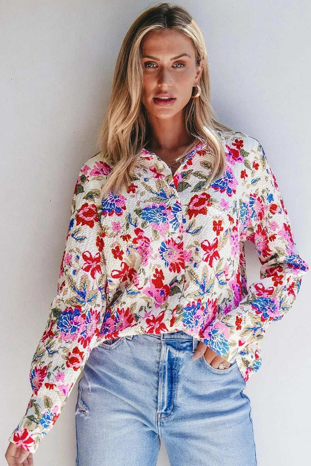 Floral Collared Neck Long Sleeve Shirt - Trendsi - Flyclothing LLC