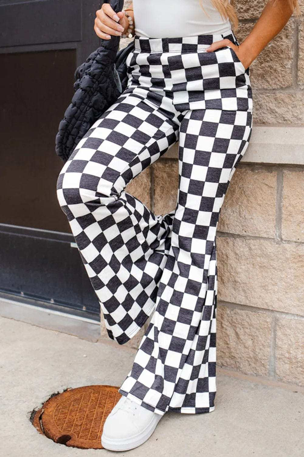 Checkered Flare Pants with Pockets - Trendsi - Flyclothing LLC