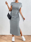 Tied Striped Round Neck Short Sleeve Tee Dress - Trendsi - Flyclothing LLC